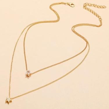 Imagem de Colar com pingente de estrela e cristal de camada dupla, gargantilha dourada minimalista para mulheres, acessório elegante para o dia a dia