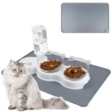 Imagem de Conjunto de tigela 3 em 1 para comida e água, tigelas duplas para gatos com dispensador de água, ração para animais de estimação e alimentador de água para cães pequenos e médios (branco)