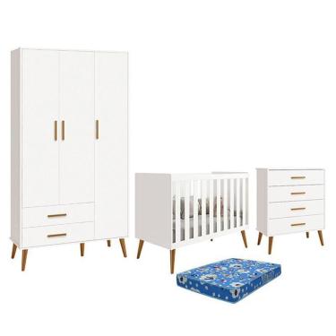 Imagem de Dormitório Infantil Isis Guarda Roupa 3 Portas, Cômoda E Berço Branco Com Colchão - Reller Móveis Branco