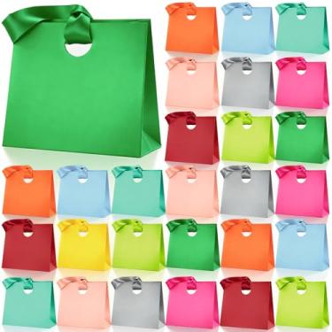 Imagem de Feifeiya 30 sacos pequenos de papel para presente com alças de fita de 20 x 9 x 18 cm reutilizáveis para presente de Natal, aniversário, chá de bebê, lembrancinhas (multicoloridas)