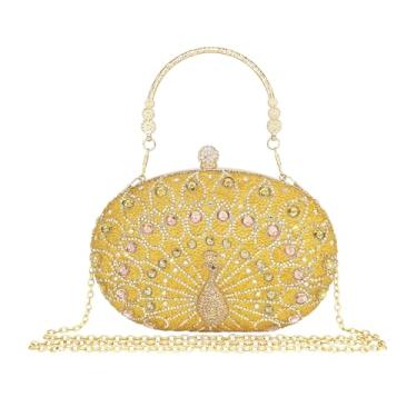 Imagem de MAIRLOM Bolsa clutch com strass para mulheres, noite, casamento, formal, - bolsa de mão redonda com fecho de pérola - Bolsa de diamante de cristal, Pavão dourado