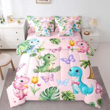 Imagem de Feelyou Jogo de edredom fofo de dinossauro com 7 peças, solteiro, desenho animado, dinossauro, para crianças, meninos, meninas, borboleta, selva, dinossauro, decoração de quarto, respirável