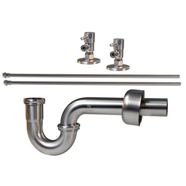 Imagem de Westbrass A1838QRL-07 Elevadores de linha de suprimento de torneira de pia de pedestal independente com P-Trap, flanges e alças de alavanca de 1/4 de volta, níquel acetinado