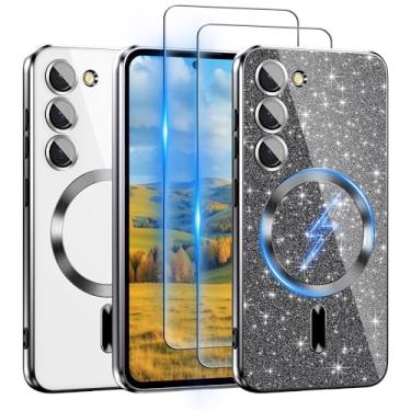 Imagem de ATUMP Capa para Samsung Galaxy S23 compatível com MagSafe, [cartão de glitter e 2 peças de películas HD] [nunca amarela], capa fina à prova de choque antiarranhões transparente para Glaxy S23, preta