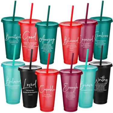 Imagem de Havawish Copo com versículo bíblico de presente cristão inspirador a granel 680 g Copos de plástico religiosos com tampa canudo para pais mãe presentes a granel igreja escola dominical (conjunto de 24