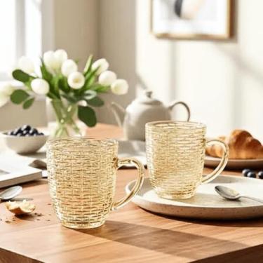 Imagem de Canecas Vidro Verde Ambar Rattan 290 ml 4 pçs Capuccino Chá (4 Canecas Ambar)