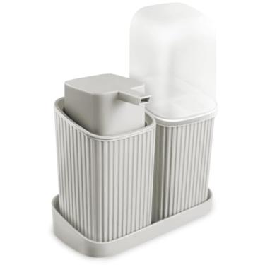 Imagem de Kit Para Banheiro Com Bandeja Sabonete Líquido Porta Escovas (Cinza Claro)