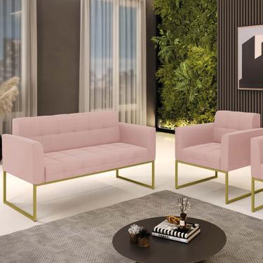 Imagem de Kit 1 Sofá Namoradeira e 1 Poltrona Elisa Veludo Rosê Base Metálica Industrial Dourado D03 - D'Rossi