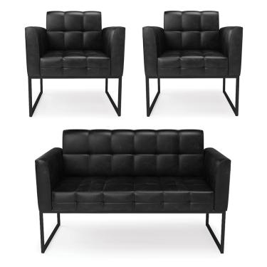 Imagem de Kit 1 Sofá Namoradeira e 2 Poltronas Elisa Corano Preto Base Metálica Industrial Preto D03 - D'Rossi