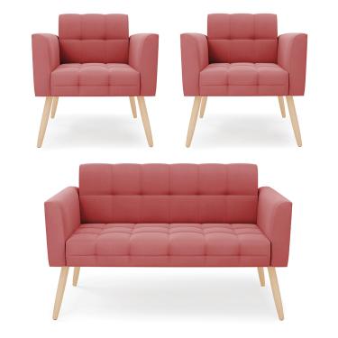 Imagem de Kit 1 Sofá Namoradeira e 2 Poltronas Elisa Suede Rosê Pés Palito Natural D03 - D'Rossi