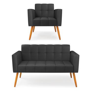 Imagem de Kit 1 Sofá Namoradeira e 1 Poltrona Elisa Corino Preto Pés Palito Castanho D03 - D'Rossi