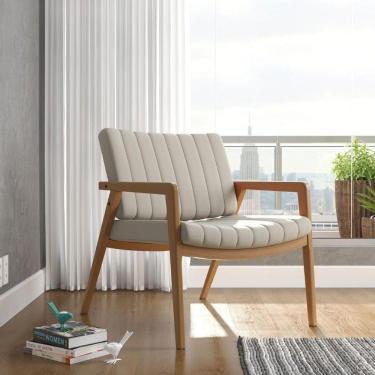 Imagem de Poltrona Decorativa Uxuá Escritório Recepção Linho Areia Pés De Madeira