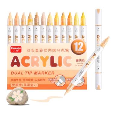 Imagem de kander Marcadores de tinta acrílica de ponta dupla de 12 cores, cores quentes para a pele — Conjunto de canetas de pincel extrafino e macio com fluxo direto de tinta para esboçar, detalhar, colorir em