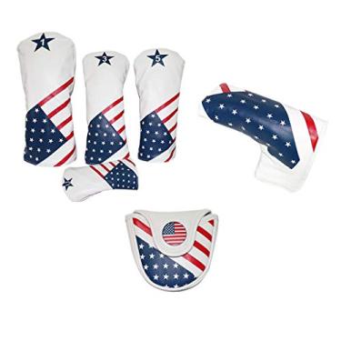 Imagem de Conjunto de capa de cabeça de taco de golfe - motorista de couro PU, martelo, Putter - design da bandeira americana - Fácil fixação e reconhecimento ideais - Acessórios de clube de equipamentos