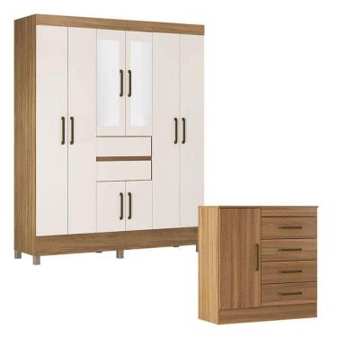 Imagem de Cômoda Montevidéu E Guarda Roupa Casal Munique Amêndola Off White Com Espelho - Demóbile