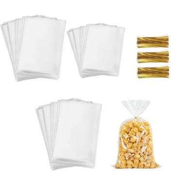 Imagem de 300 sacos de presente transparentes de celofane para doces de casamento, biscoitos, itens de padaria, pão e sobremesas com laços dourados