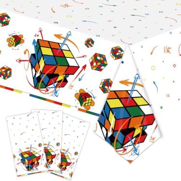 Imagem de WAHA-GG 3 toalhas de mesa descartáveis com estampa de cubo mágico, toalha de mesa de aniversário com design geométrico colorido, suprimentos de festa para crianças e adultos, 137 x 272 cm.