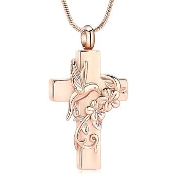 Imagem de mingkejw Colar de urna com cruz de beija-flor para cinzas, joia de cremação para mulheres e homens, colar memorial de aço inoxidável, suporte de cinzas para animais de estimação humanos, joia de