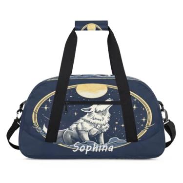 Imagem de Bolsa esportiva personalizada, animal, lobo, lua, retrô, com nome, bolsa de dormir personalizada, bolsa de fim de semana, bolsa de treino para dança, balé, academia, ginástica, mala de viagem