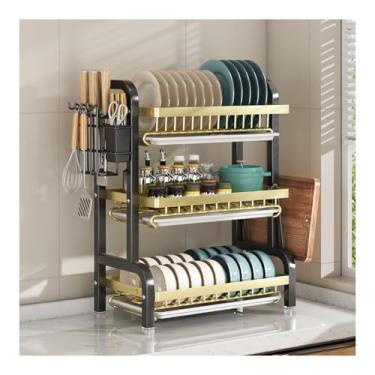 Imagem de HGTRH Escorredor de pratos de 3 níveis de pratos, escorredor de pratos com escorredor bandeja de gotejamento suporte de talheres suporte de tábua de cortar preto e dourado 53 cm