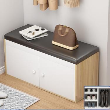 Imagem de Yadlan Armário de sapatos, banco de sapatos com organizador de sapateira de madeira com almofada de assento e prateleiras ajustáveis banco com sapateira com porta de armário B 80 cm