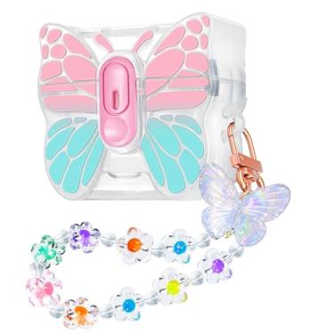 Imagem de CameCosy Capa compatível com AirPods 4 gerações com chaveiro borboleta - design de bloqueio pop-up e função de suporte, capa à prova de choque de TPU com lindo padrão de borboleta para mulheres