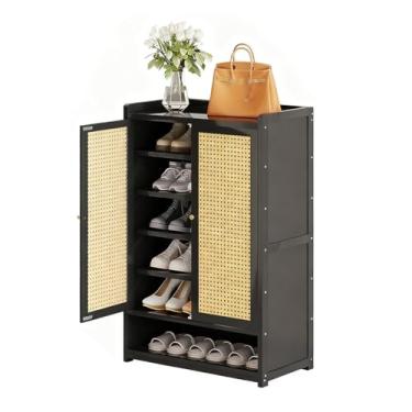 Imagem de SPXMQSS Armário de sapatos com portas, armário de armazenamento de sapatos grande de 7/8 níveis para entrada de bambu, sapateira independente para corredor, sala de estar, quarto, armário preto 60 x