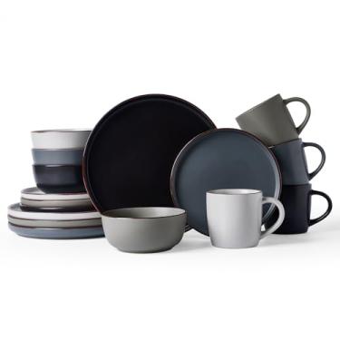 Imagem de Famiware Conjunto de pratos e tigelas de mercúrio com canecas, 16 peças de louça de grés, conjunto de pratos para 4 pessoas, pode ir ao micro-ondas e à lava-louças, multicolorido