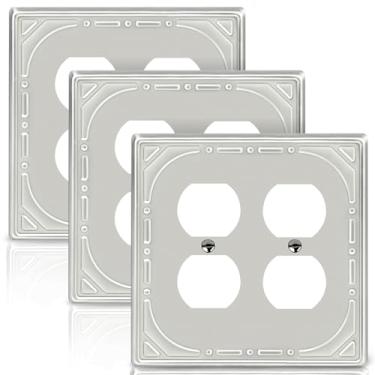 Imagem de Tampa de tomada dupla de metal, placa de interruptor de luz decorativa de níquel escovado, 2 capas de tomada duplex - estilo retrô clássico, pacote com 3