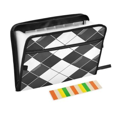 Imagem de Wassud Pasta organizadora de arquivos de papel A4 com estampa de guingão preto e branco, pasta organizadora de documentos com etiquetas, pasta de arquivos expansível, 13 bolsos
