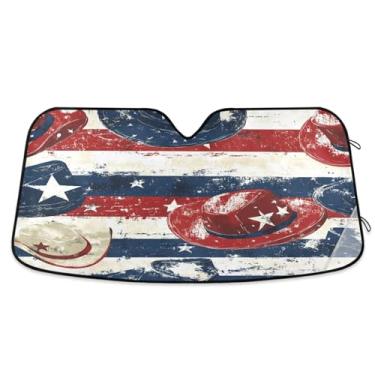 Imagem de Qilmy Chapéu de cowboy estilo bandeira americana para-sol para-brisa de carro, protetor de viseira dobrável, mantém fresco, bloqueia raios UV e acessórios para proteger carros, SUVs, caminhões-(L