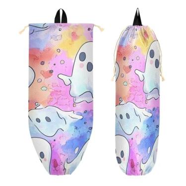 Imagem de xigua Cute Little Ghosts Suporte de parede para saco de plástico com cordão 1 pacote, organizador de sacolas de supermercado reutilizável para bolsas, meias, roupas íntimas e gravatas