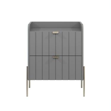 Imagem de mesa lateral de cabeceira com gaveta para quarto casal moriah 45cm cinza com pé de ferro champagne