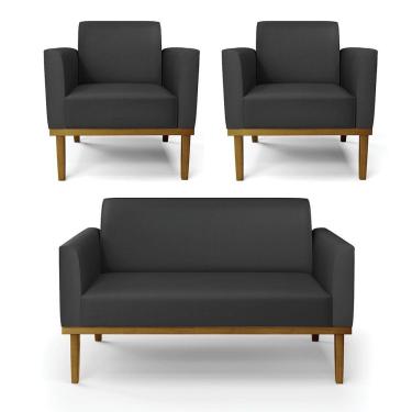 Imagem de Sofá Namoradeira Com 2 Poltronas Base De Madeira Fixa Castanho Marisa Corino Preto D03 - D?rossi