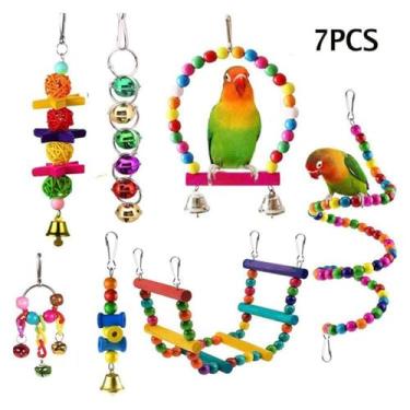 Imagem de 7 Peças de Brinquedos para Pássaros Papagaios Brinquedo Balanço Rede Pendente Morder Sino Simples Pequenos Cordões Conure