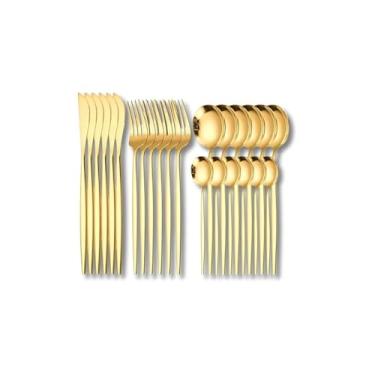 Imagem de Conjunto de Talheres 24 Peças, Aço Inox, Dourado, 6 Garfos, 6 Facas, 6 Colheres de Mesa, 6 Colheres de Sobremesa, Design Ergonômico