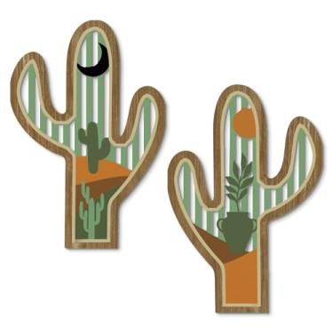 Imagem de Putuo Decor 2 peças de decoração de parede ocidental decoração de cacto, decorações de casa de madeira com sol e lua arte de planta para quarto, sala de estar, banheiro, arte moderna rústica do