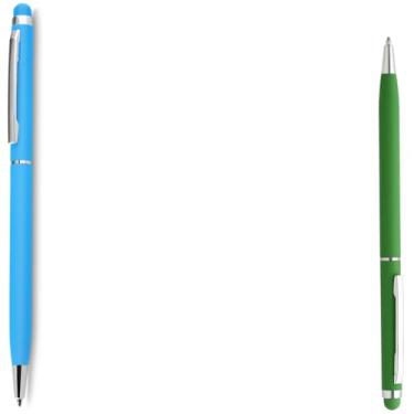 Imagem de Caneta Esferográfica Touch Screen Metálica, Corpo Emborrachado, Escrita Azul, Ponta Fina 0.7mm, Design Moderno, para Escritório, 14.5cm (Azul Claro e Verde)