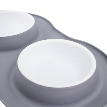 Imagem de Comedouro Duplo para Cachorro e Gato, Base de Silicone Antiderrapante, Tigelas Removíveis de 200ml, Azul e Branco, 43x24x4cm