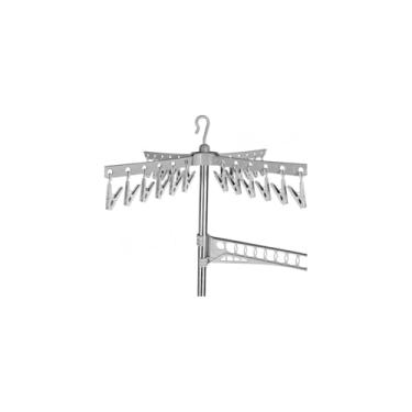 Imagem de Cabideiro Giratório de Metal e Plástico, Branco, 1,70m de Altura, 3 Braços Articulados com Prendedores, para Roupas e Lavanderia