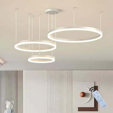 Imagem de Luminária pendente LED redonda moderna com intensidade regulável, 3 anéis de brilho e altura ajustável. Ideal para sala de estar, quarto, sala de jantar, hall de entrada, ilha de cozinha e e