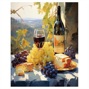 Imagem de Kit de pintura de vinho e queijo por números para adultos - Pintura DIY em tela, kits de pintura por número para adultos, conjunto de tinta acrílica para iniciantes, kit de arte culinária para