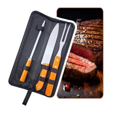 Imagem de Kit Churrasco Barbecue 4 Peças com Chaira Faca Garfo e Estojo Completo Profissional Gourmet (Marrom)