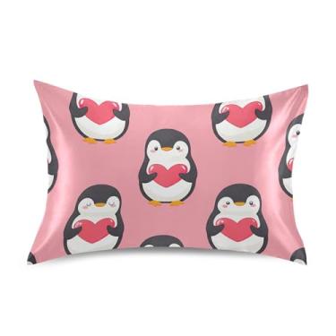 Imagem de Cute Pinguins Corações Rosa Cetim Cool Fronhas Impressão Arte Refrescante Padrão Queen King Size Travesseiros Cama Fronha King Size 101.6 cm x 50.8 cm