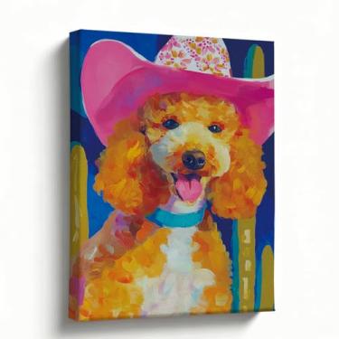 Imagem de Arte de parede de cachorro, impressão em tela caubói ocidental, pintura pop art colorida poodle para sala de estar, quarto, decoração boho do sudoeste, presente para amantes de cães, envolto em