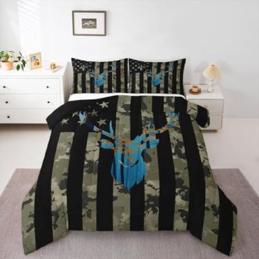 Imagem de Feelyou Jogo de cama casal camuflado de veado camuflado para meninos, crianças e adolescentes, camuflagem verde exército, silhueta de veado, caça de animais selvagens, fazenda rústica, edredom com 2