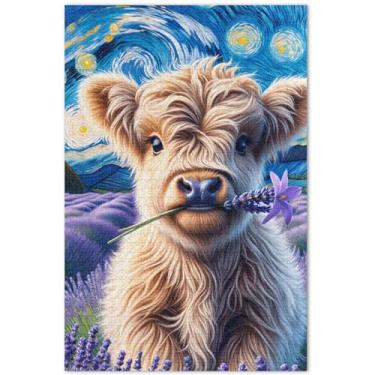 Imagem de Quebra-cabeças Highland Cow Lavender Starry Night 500 peças para presentes de elefantes brancos adultos personalizados natureza quebra-cabeça cenário paisagem, 51 x 35 centímetros