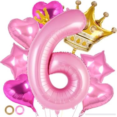 Imagem de Balões de aniversário de princesa, conjunto de balões rosa com coroa número 6 de 101 cm, coroa de estrela de coração, balões de alumínio para meninas, decoração de festa de 6º aniversário, suprimentos