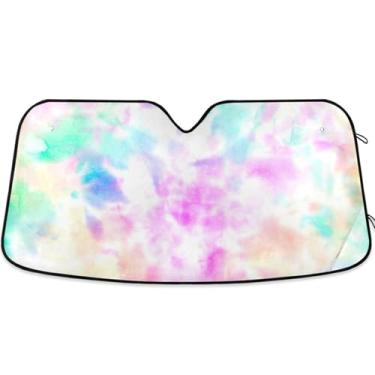 Imagem de Tiedye Persiana de sol personalizada rosa colorida para para-brisa de carro retrátil dobrável persianas de carros para janelas frontais floral automotivo S, 134,6 cm x 59,7 cm