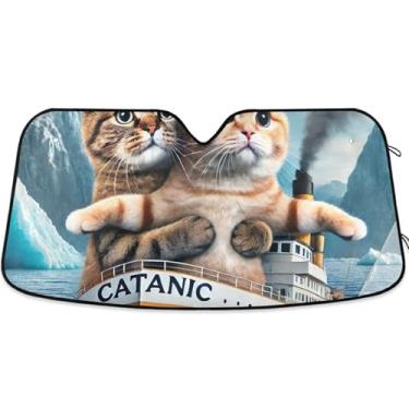 Imagem de Funny Cats Titanic Kitten Custom Car Sun Shade Para-brisa Dobrável Carros Persianas para Janelas Frontais Floral Retrátil M, 139.7 cm x 70.1 cm